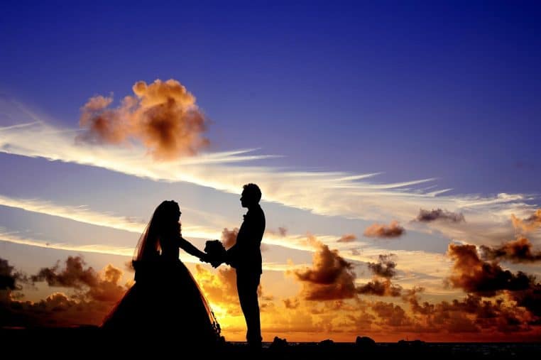 sunset, wedding, nature, silhouettes, marriage, newlyweds, bride, groom, holding hands, couple, bridal, sky, clouds, dusk, romantic, love, romance, man, woman, relationship