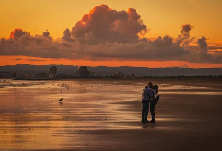 couple, lovers, beach, sunset, love, horizon, nature, kiss