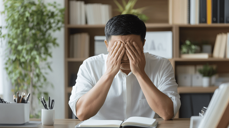 ai generated, man, stress, mistake, failure, error, wrong, mess, sad, false, problem, incorrect, tired, sleepy, exhausted, lazy, tension, headache, anxiety, depression, person, depressed, alone