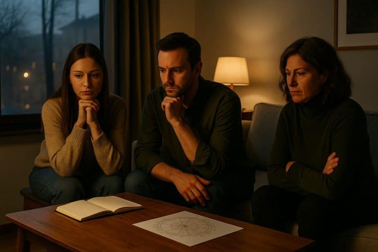 Trois personnes dans un salon tamisé, penchées sur une carte du ciel et un carnet, face à un bouleversement astrologique.