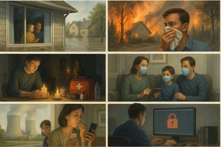 Illustration en six scènes distinctes montrant inondation, incendie, pandémie, coupure d’électricité, risque nucléaire et cyberattaque dans un style réaliste.