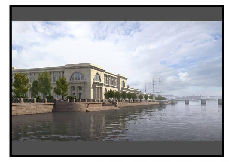 Vue large et horizontale des bâtiments de la Cour suprême à Saint-Pétersbourg, ciel dégagé, perspective frontale.