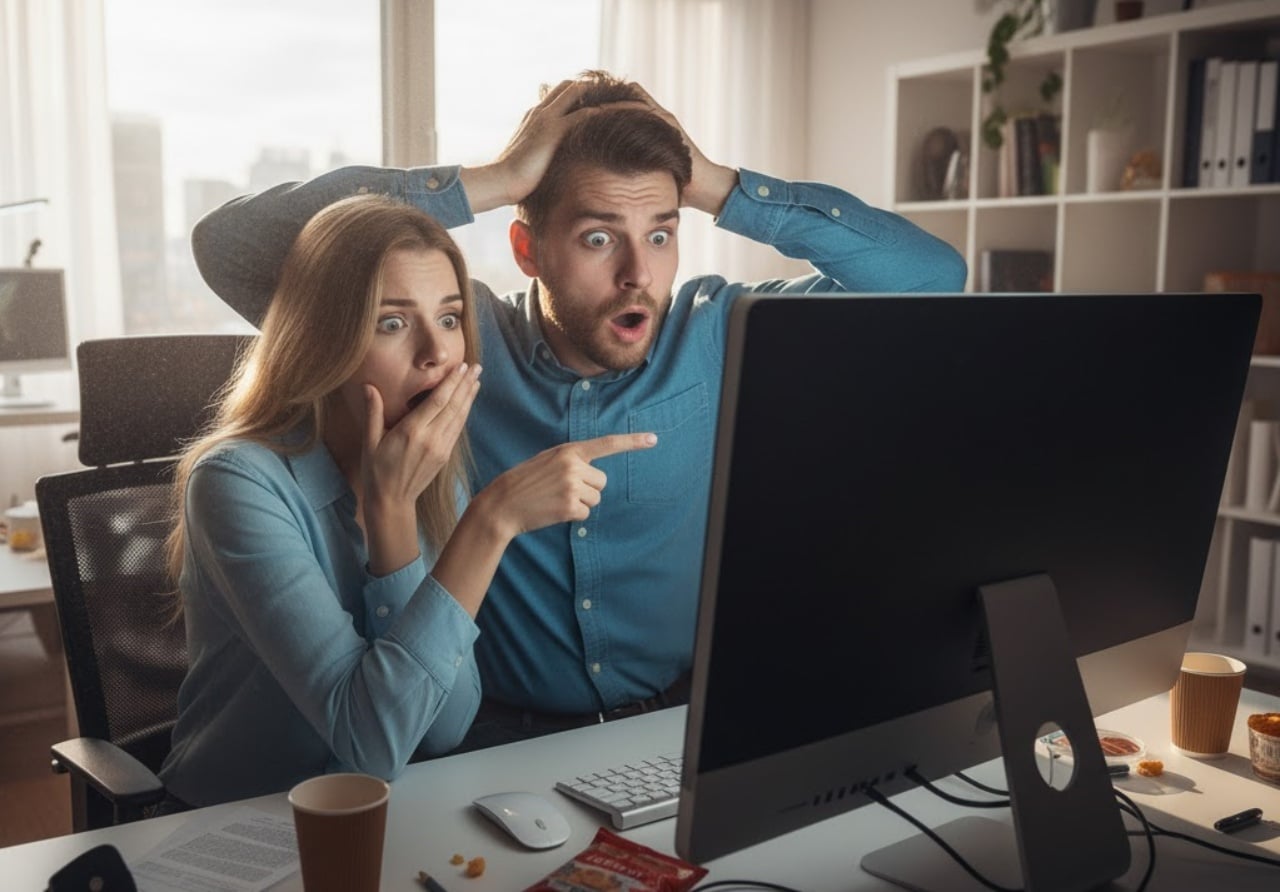 Couple choqué devant un ordinateur