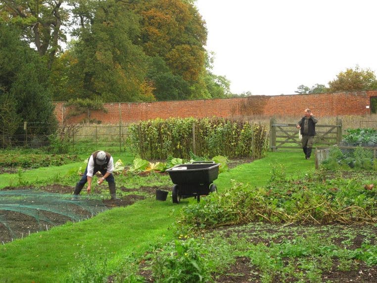 Équipe de jardiniers à l’œuvre dans un grand jardin clos, entre allées, pelouses et massifs soigneusement tracés.