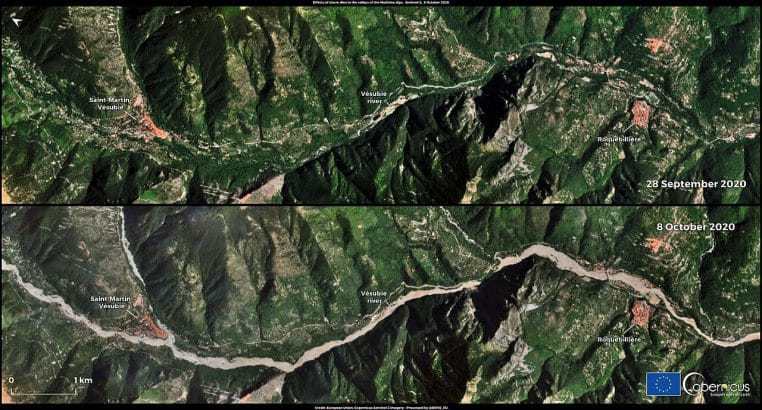Vue satellite avant et après de la vallée de la Vésubie près de Saint-Martin-Vésubie, montrant la rivière élargie et des zones ravagées par les crues.