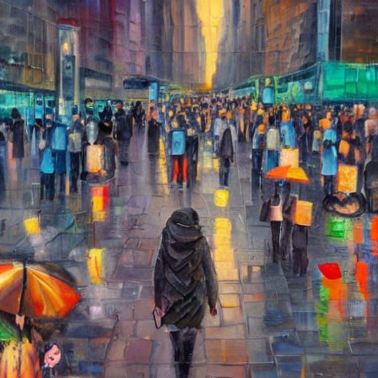 Passants anonymes dans une rue de grande ville, chacun absorbé par ses pensées, illustrant la solitude au milieu de la foule.