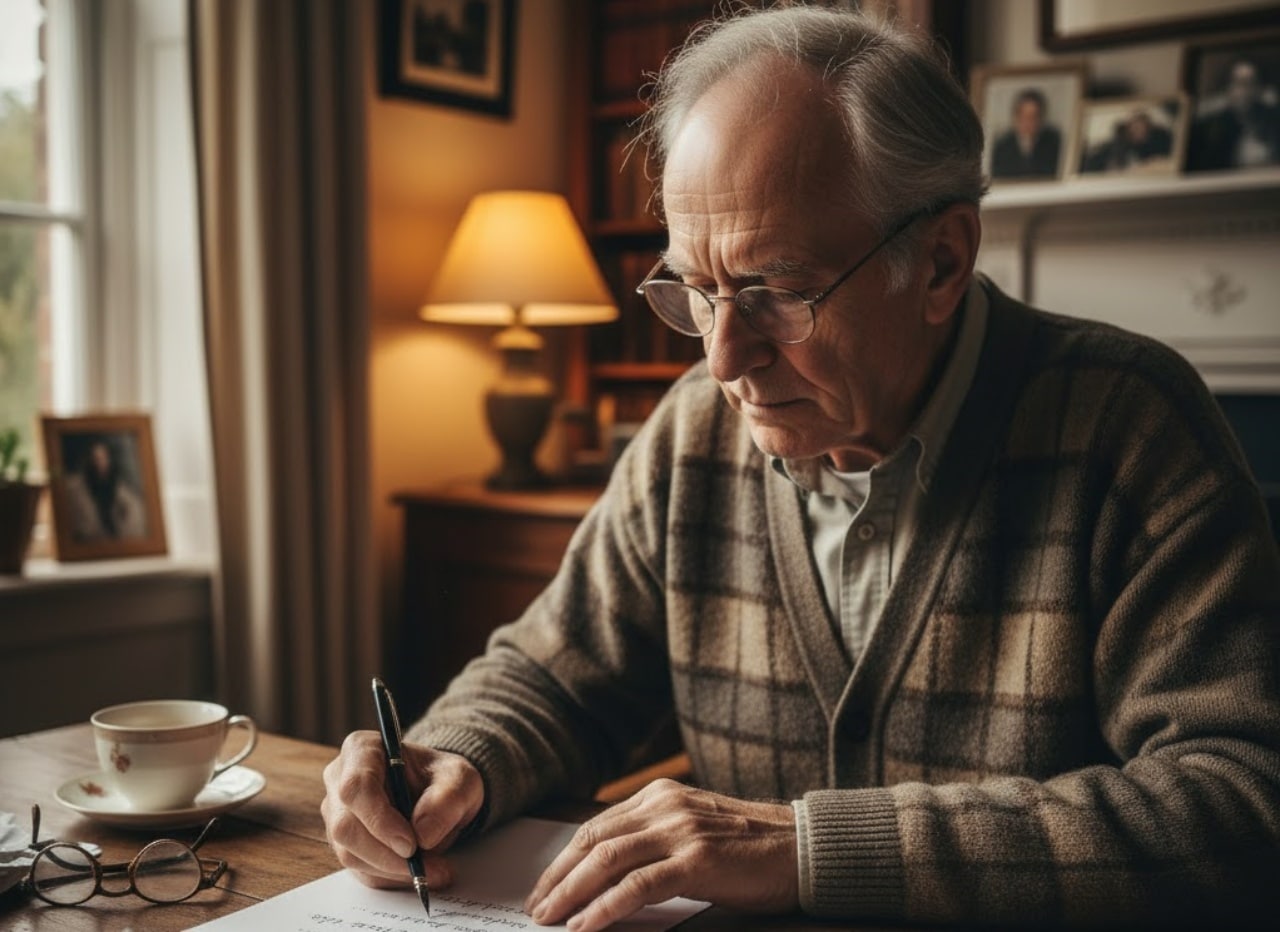 Vieil homme écrit une lettre d'excuse