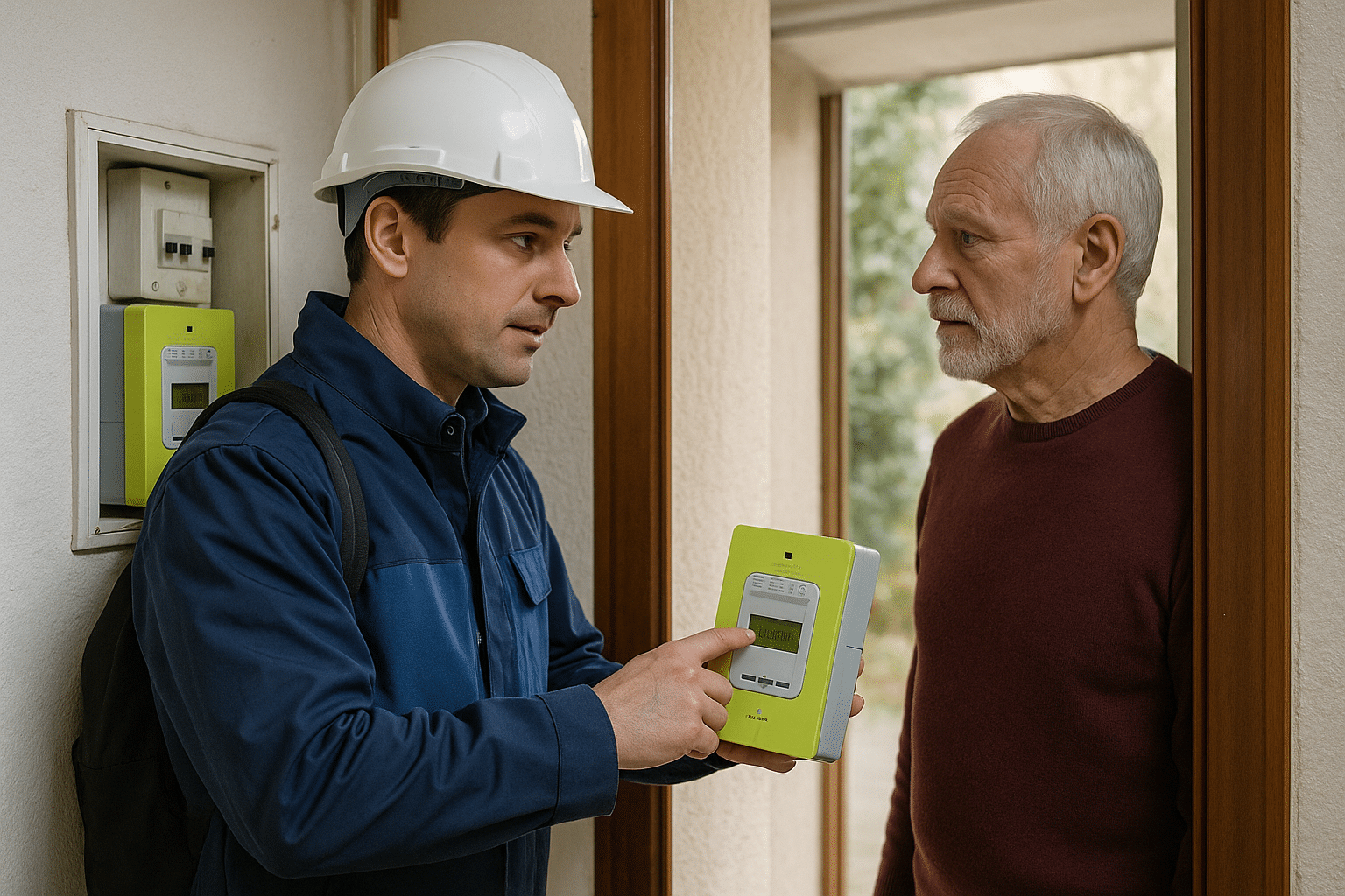 echnicien contrôle un compteur Linky chez un particulier, vérification et explications au pas de porte.