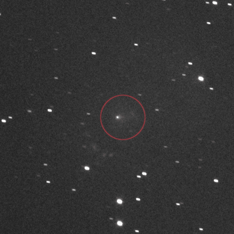 Image en noir et blanc montrant un champ d’étoiles, avec la comète 3I/ATLAS encerclée en rouge au centre, révélant une coma à peine visible dans le bruit de fond.