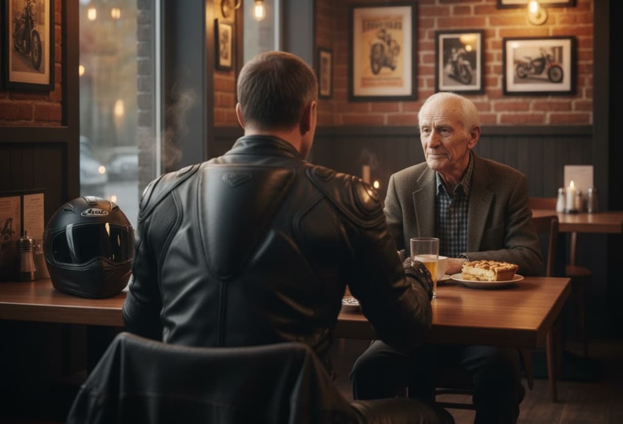 Un motard et un vieil homme dans un restaurant