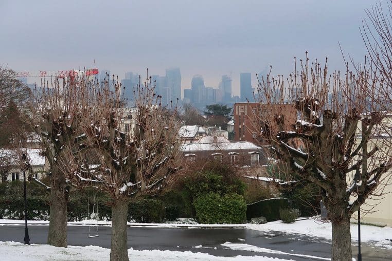 Large panorama hivernal de La Défense vu depuis Suresnes, longues barres d’immeubles et tours alignées qui dessinent la silhouette tertiaire de l’ouest parisien.