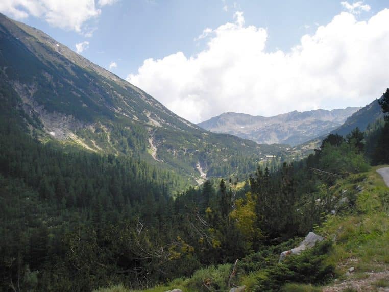 Vallée verdoyante du parc national de Pirin avec forêts de pins, falaises abruptes et crêtes rocheuses sous un ciel partiellement nuageux en été