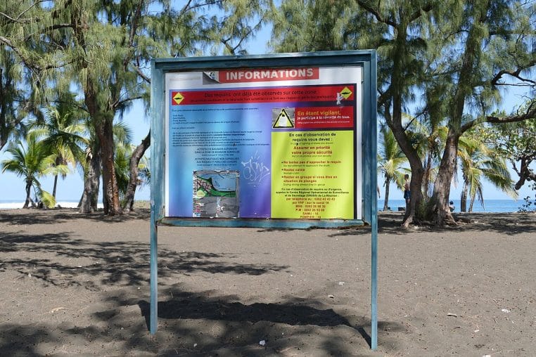 Grand panneau d’information sur la présence de requins installé sur une plage de sable noir bordée de filaos et de palmiers à La Réunion