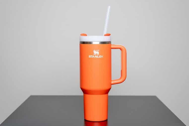 Gourde isotherme Stanley posée en extérieur, acier inoxydable, bouchon vissé et anse repliée, éclairage naturel latéral.