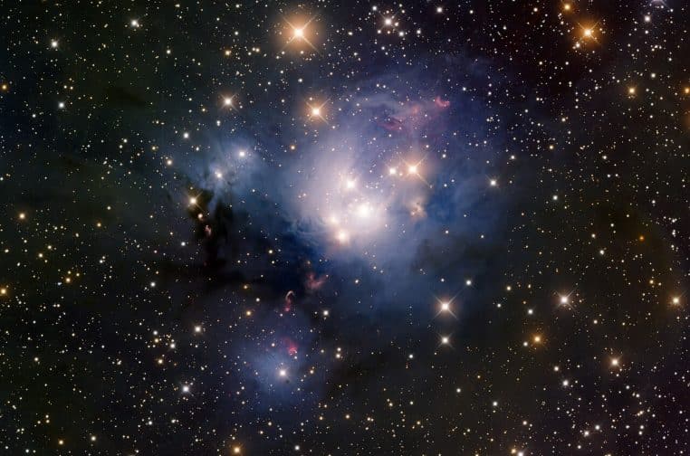 Région de formation d’étoiles NGC 7129 montrant une nébuleuse colorée et des structures de gaz où émergent de très jeunes étoiles