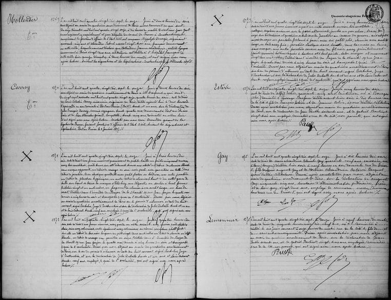 Double page d’un registre d’état civil ancien, écriture manuscrite lisible, montrant la formalisation administrative des actes.
