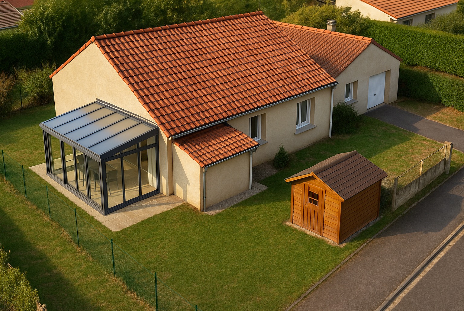 Vue aérienne d’une maison de plain-pied avec véranda vitrée et abri de jardin en bois, clairement repérables sur la parcelle clôturée.
