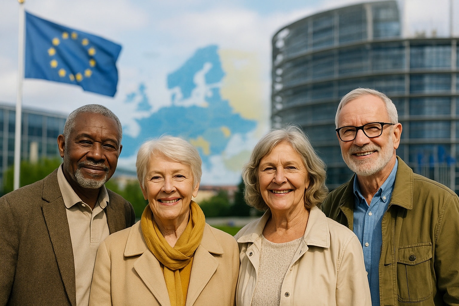 Quatre seniors souriants posent devant le Parlement européen et un drapeau de l’UE, symbolisant la retraite en Europe.