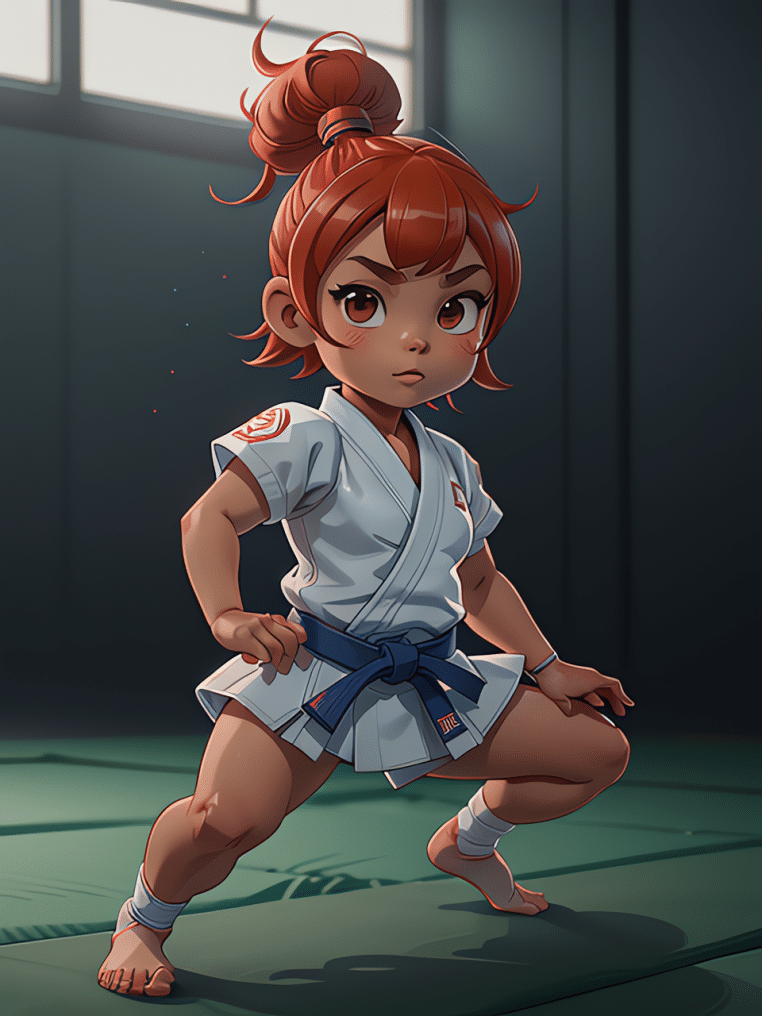 Illustration d’un judoka en kimono sur un tatami, en pleine attitude de combat, évoquant la pratique intense d’un art martial exigeant.