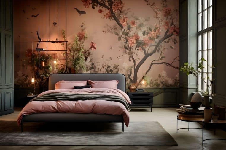 Chambre japandi minimaliste avec grand lit, mural fleuri inspiré du Japon et plantes vertes, baignée d’une lumière douce en fin de journée.