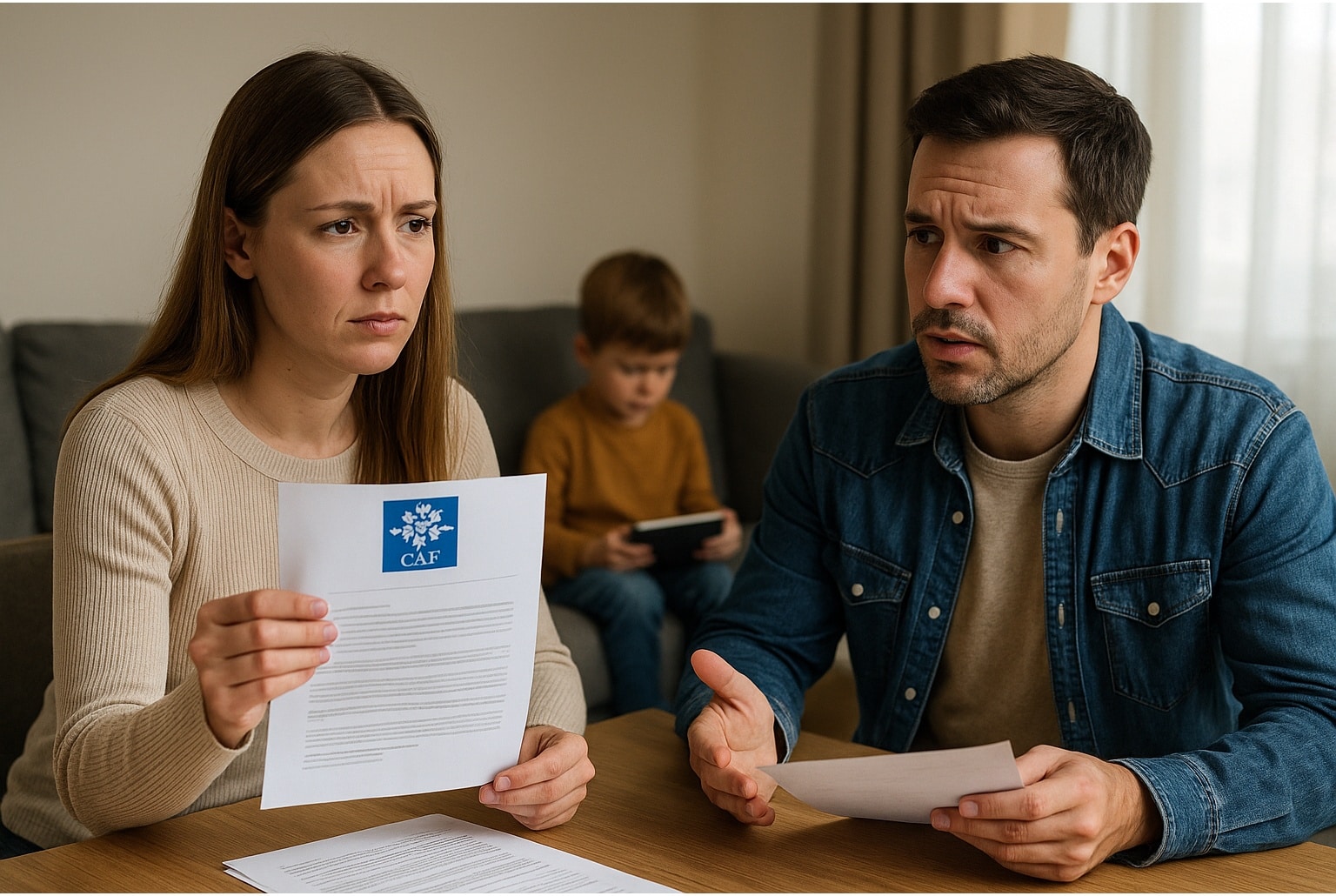 Parents séparés discutant d’un courrier de la CAF autour d’une table, leur enfant en arrière-plan, illustrant la réforme du CMG en garde alternée.