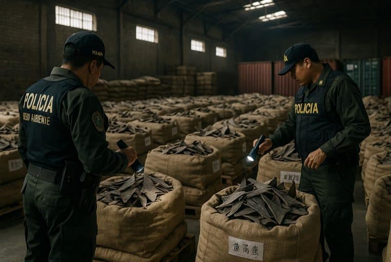 Deux policiers péruviens de l’environnement inspectent des sacs de jute remplis d’ailerons de requin séchés dans un vaste entrepôt.