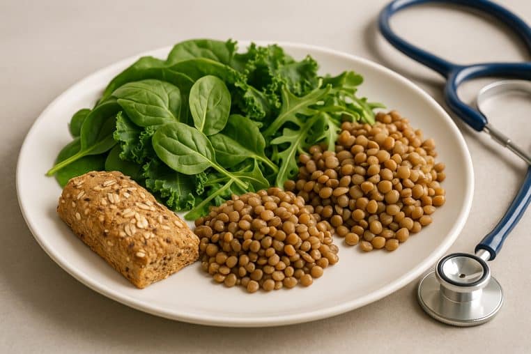 Assiette de légumes à feuilles vertes, lentilles et pain complet aux graines, avec stéthoscope en arrière-plan sur la table.