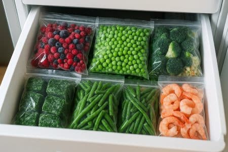 Tiroir de congélateur domestique ouvert, rempli de sachets de fruits rouges, légumes verts et crevettes surgelés bien rangés.