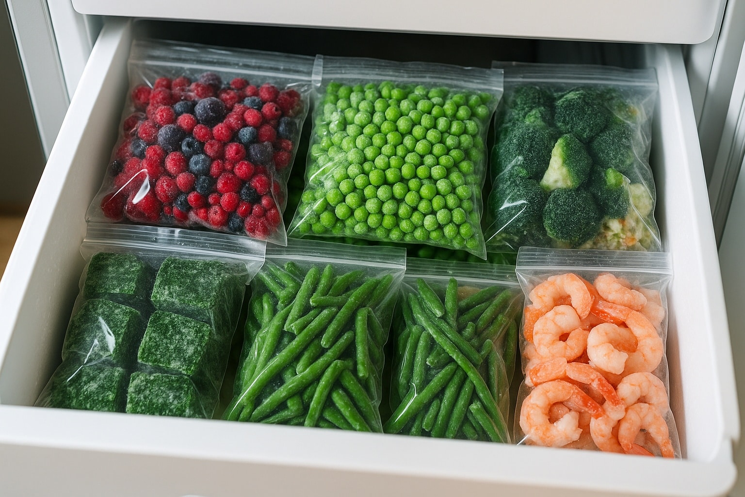 Tiroir de congélateur domestique ouvert, rempli de sachets de fruits rouges, légumes verts et crevettes surgelés bien rangés.