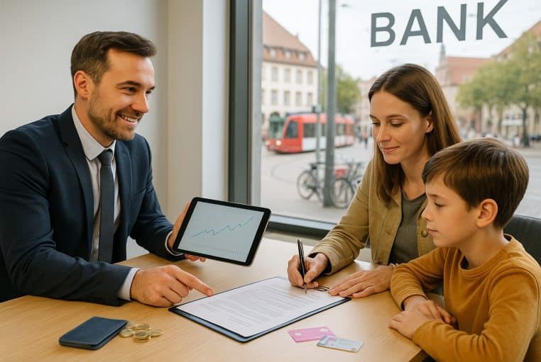 Conseiller financier guidant une mère et son fils pour un compte d’épargne investi, agence allemande lumineuse, tram visible dehors.
