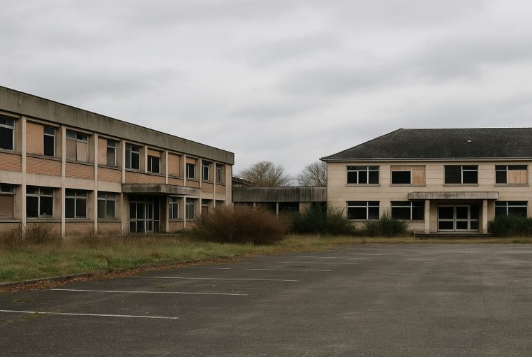 Ancien hôpital abandonné avec deux bâtiments défraîchis autour d’un parking vide envahi d’herbes sous un ciel gris.