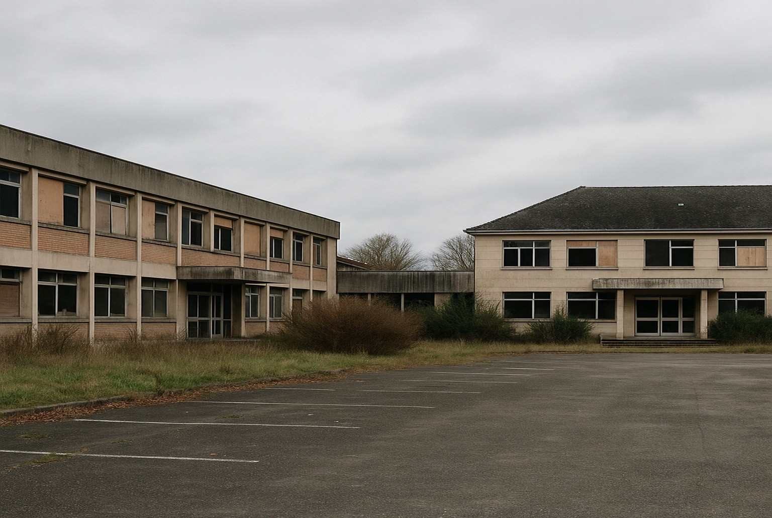 Ancien hôpital abandonné avec deux bâtiments défraîchis autour d’un parking vide envahi d’herbes sous un ciel gris.