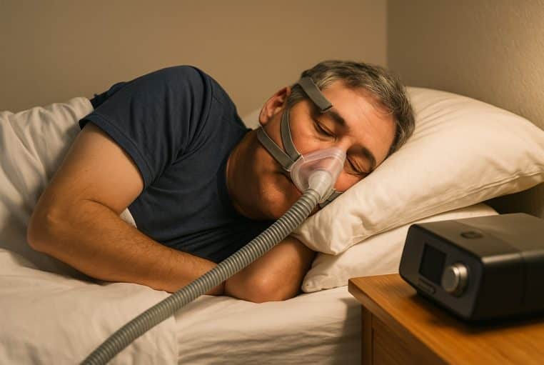 Homme d’âge mûr dormant sur le côté avec masque CPAP, tuyau relié à l’appareil sur la table de nuit, éclairage doux et chaud.