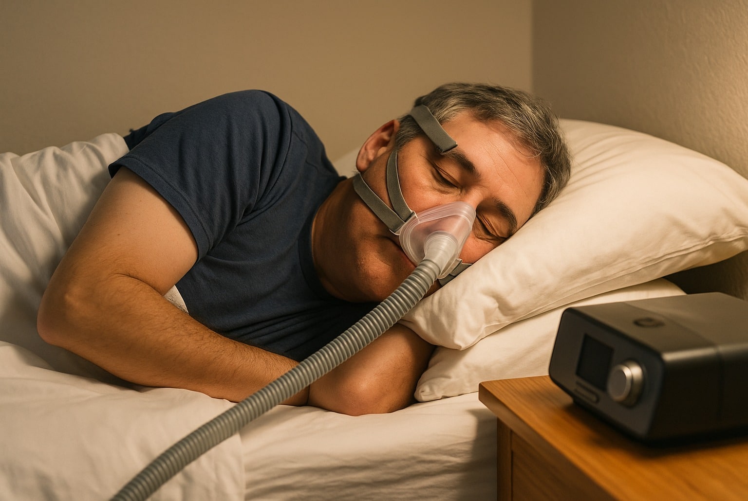 Homme d’âge mûr dormant sur le côté avec masque CPAP, tuyau relié à l’appareil sur la table de nuit, éclairage doux et chaud.