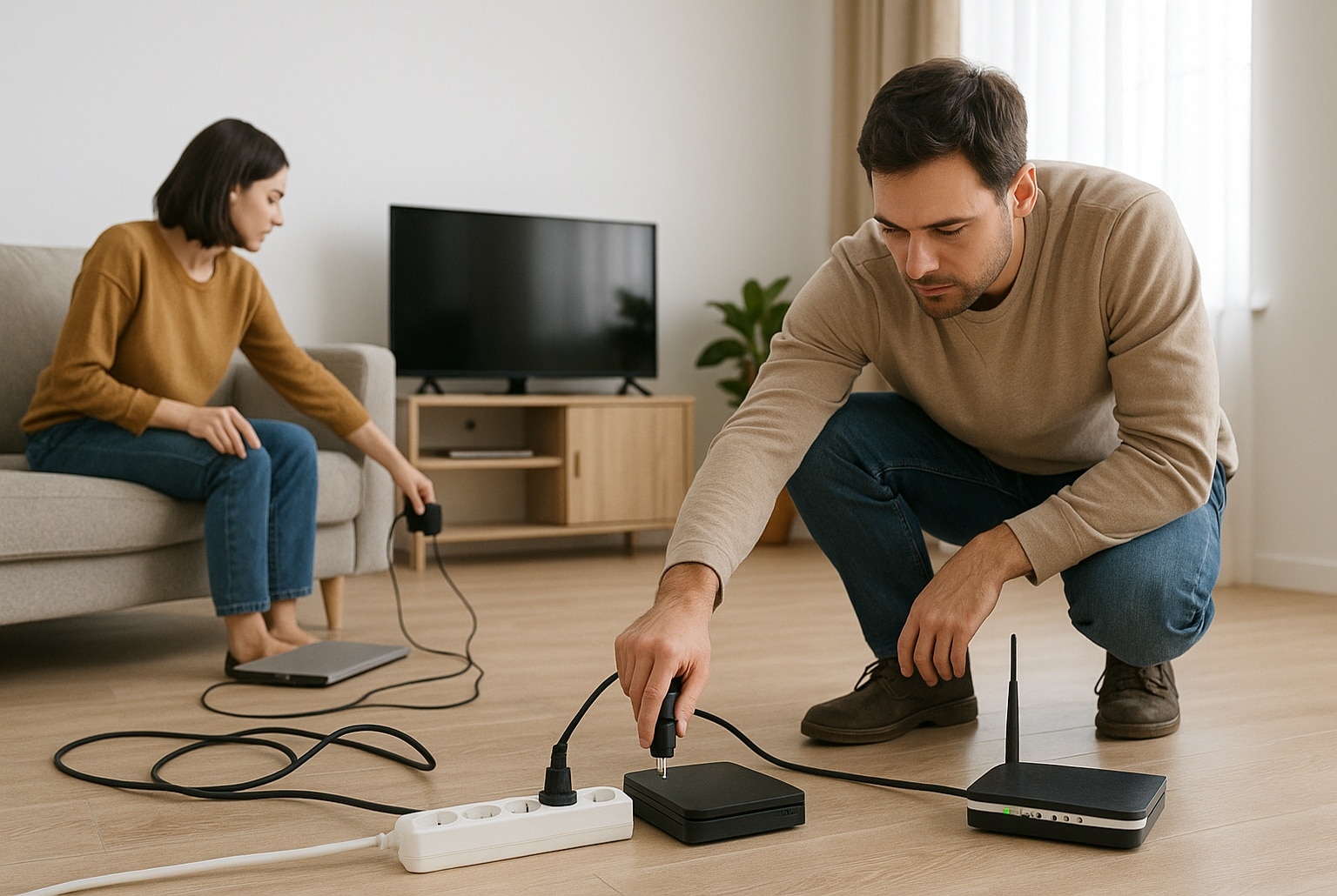Un couple dans un salon moderne débranche console, routeur et chargeurs d’une multiprise pour réduire la consommation d’électricité en veille.