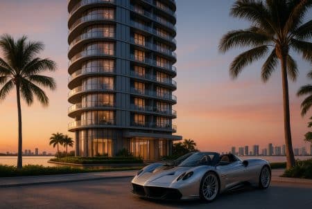 Supercar italienne argentée garée devant une tour résidentielle moderne en bord de mer à Miami au coucher du soleil.