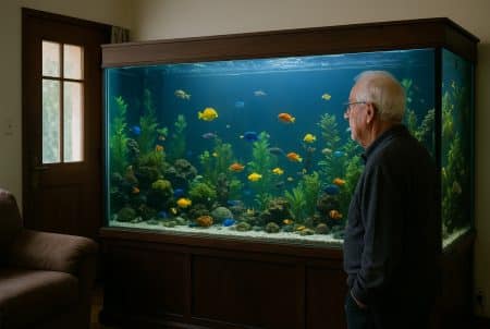 Vieil homme observant un immense aquarium tropical rempli de poissons colorés dans le salon d’une maison, éclairé par la lumière naturelle.
