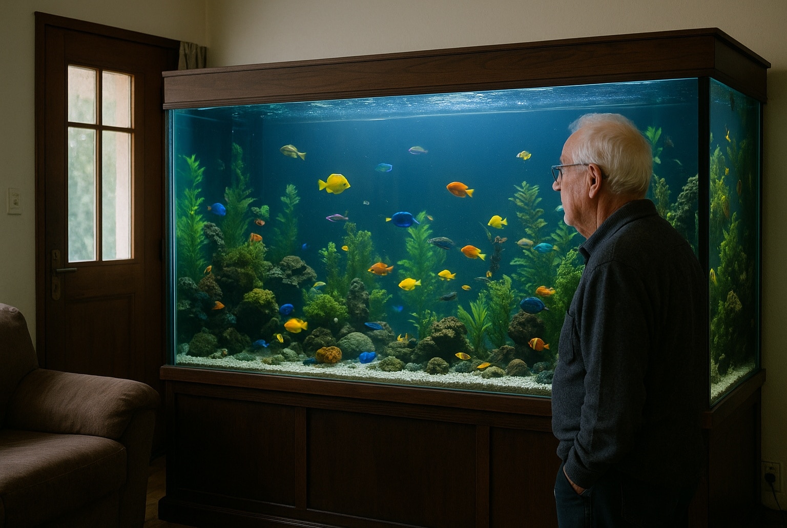 Vieil homme observant un immense aquarium tropical rempli de poissons colorés dans le salon d’une maison, éclairé par la lumière naturelle.
