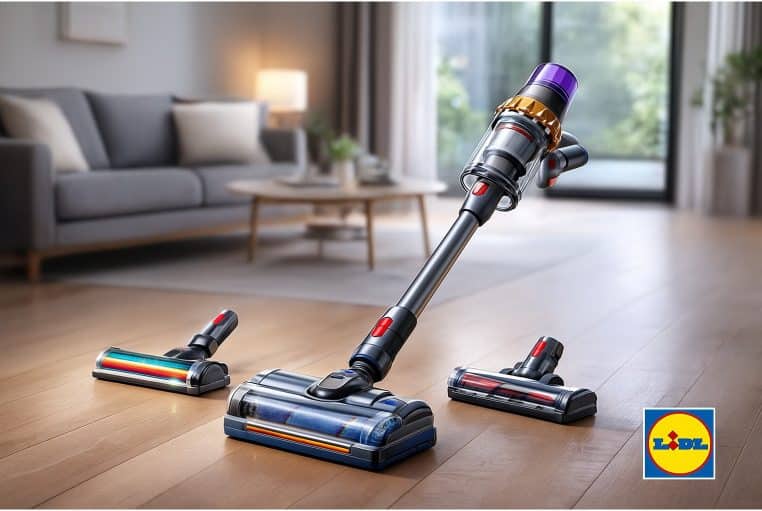 Aspirateur balai Dyson avec ses trois têtes posées sur un parquet clair, dans un salon moderne, logo Lidl discret en bas.