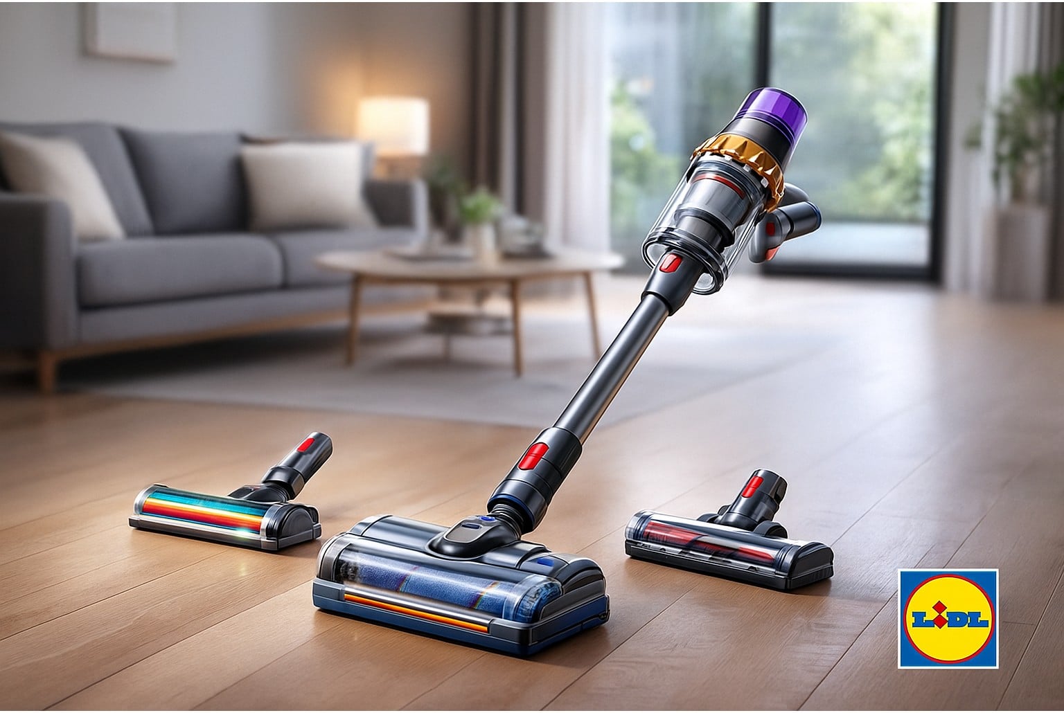 Aspirateur balai Dyson avec ses trois têtes posées sur un parquet clair, dans un salon moderne, logo Lidl discret en bas.