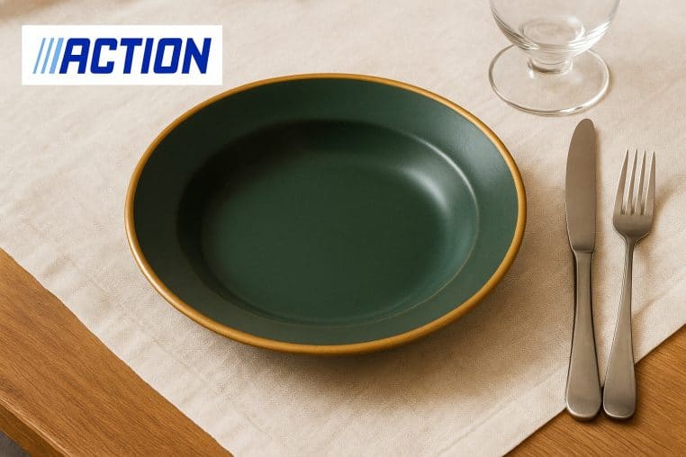 Assiette creuse vert foncé à bord doré posée sur une nappe beige avec couverts en inox, verre vide et logo Action en haut de l’image.