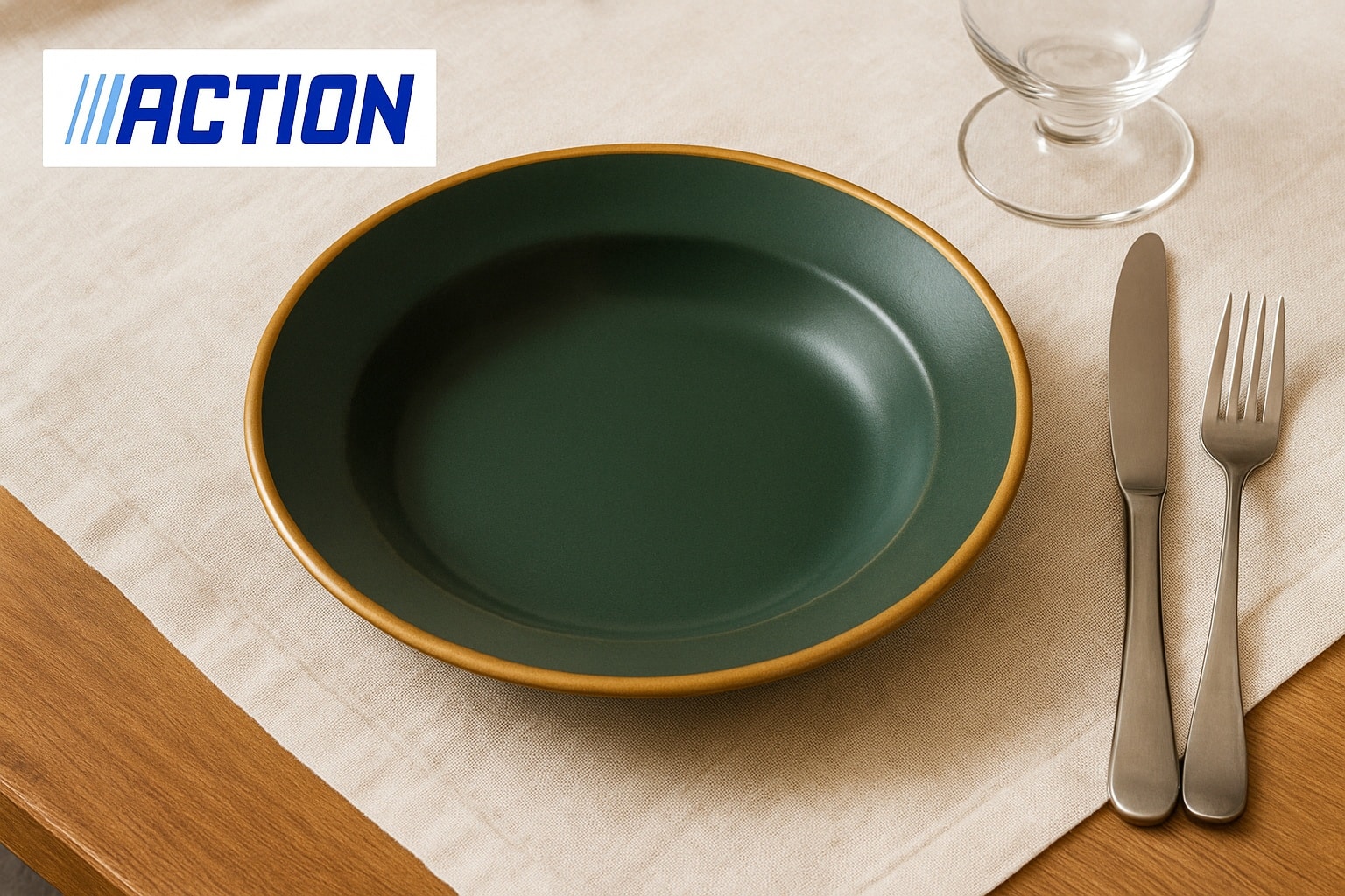 Assiette creuse vert foncé à bord doré posée sur une nappe beige avec couverts en inox, verre vide et logo Action en haut de l’image.