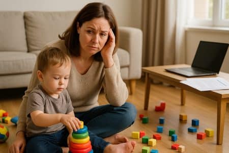 Assistante maternelle inquiète assise au sol avec un enfant qui joue, dans un salon lumineux, symbolisant un salaire de garde d’enfant impayé.