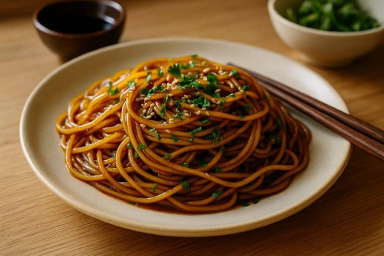 Assiette de spaghettis nappés d’une sauce soja sucrée brillante, parsemés de sésame et d’herbes fraîches sur table en bois.
