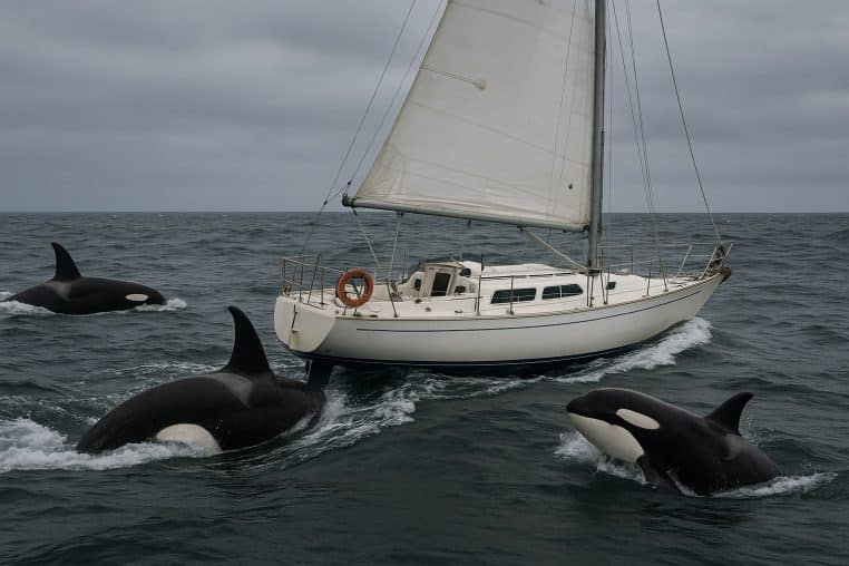 Voilier de croisière blanc ballotté par une mer formée au large, encerclé par plusieurs orques en surface qui frôlent la coque sous un ciel gris et menaçant.