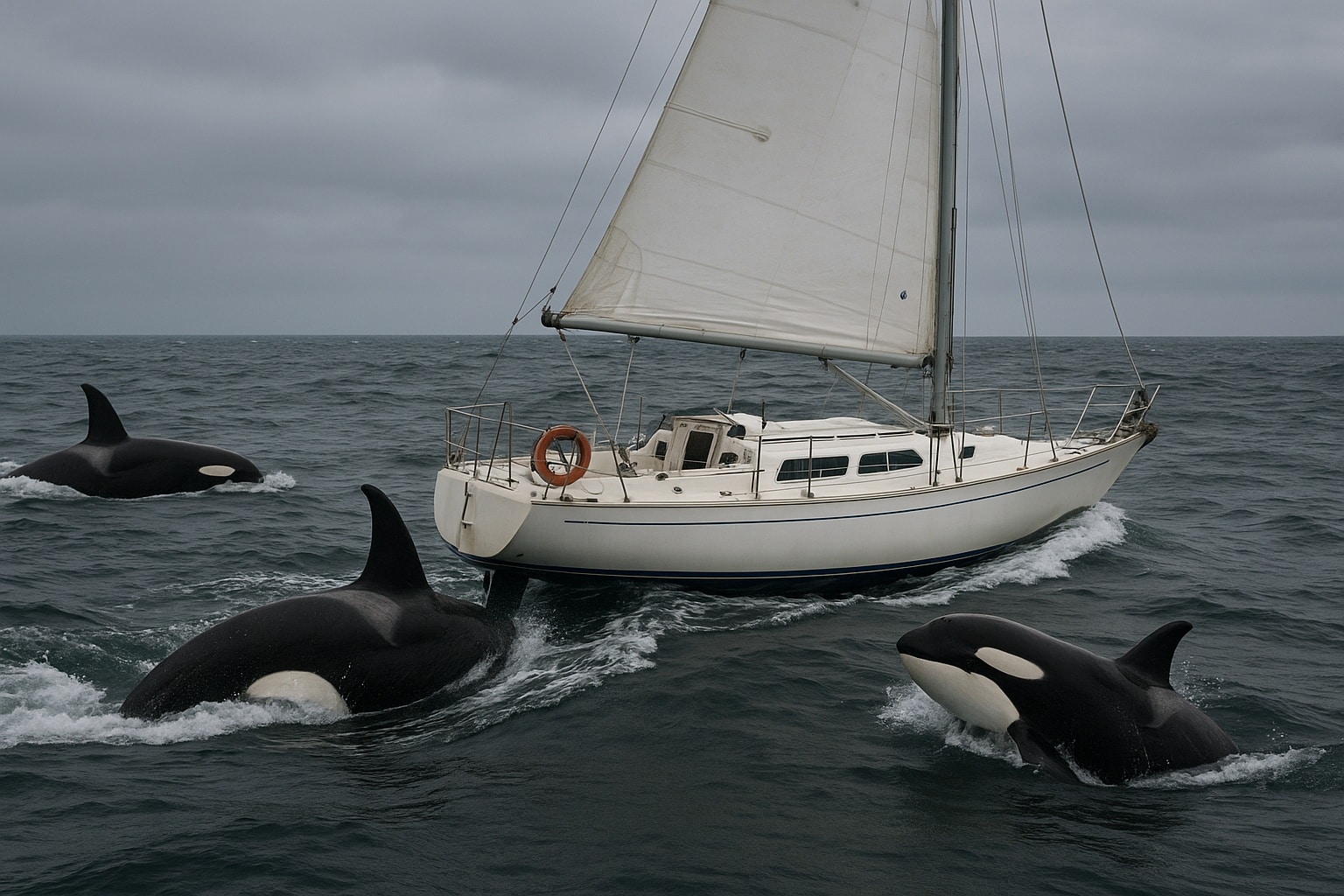 Voilier de croisière blanc ballotté par une mer formée au large, encerclé par plusieurs orques en surface qui frôlent la coque sous un ciel gris et menaçant.