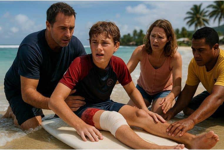 Un adolescent blessé à la jambe est allongé sur sa planche de surf, entouré de ses parents inquiets sur une plage tropicale en plein jour.