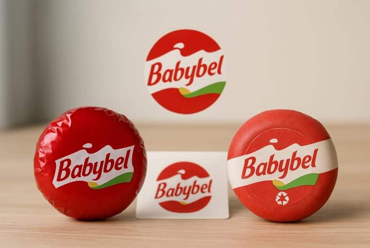 Deux mini fromages Babybel posés sur une table, l’un dans l’ancien emballage plastique rouge et l’autre dans le nouvel emballage papier recyclable.