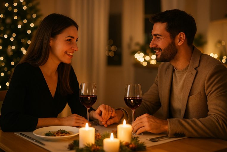 Couple adulte lors d’un dîner festif aux bougies, regards complices et ambiance chaleureuse en intérieur.