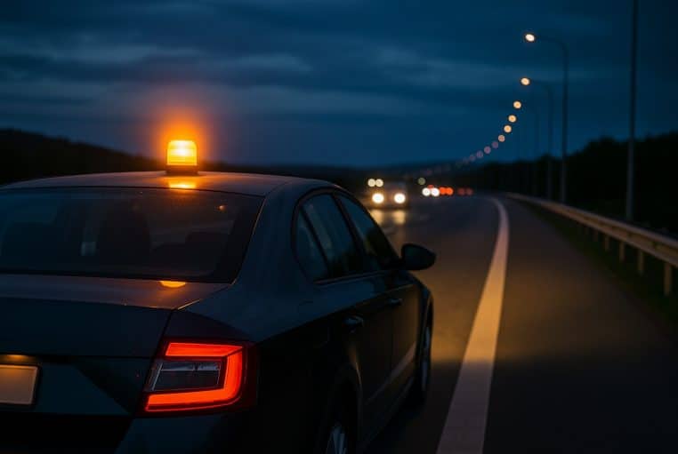 Voiture sombre arrêtée sur la bande d’arrêt d’urgence au crépuscule, balise V16 orange sur le toit et phares au loin